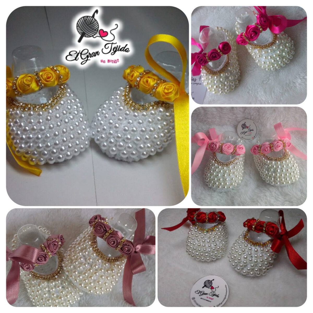 Zapatillas totalmente tejidas a crochet con perlas y cinta razo