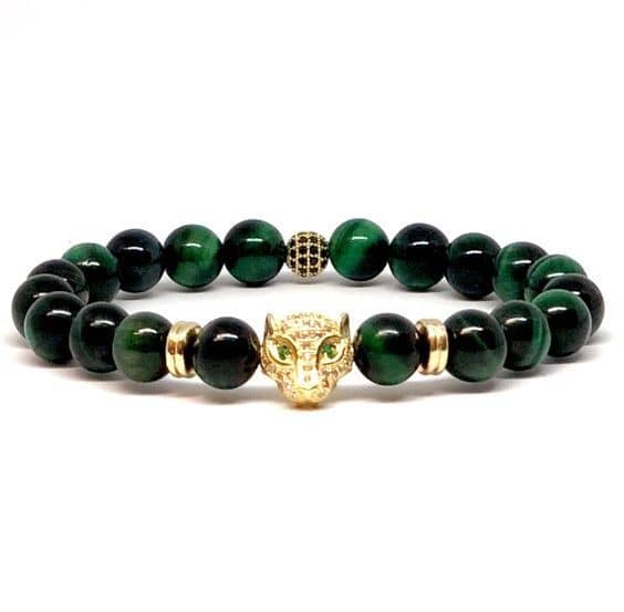 Pulsera de caballero ojo de tigre verde, separadores de gorfil y dije de puma con cristales