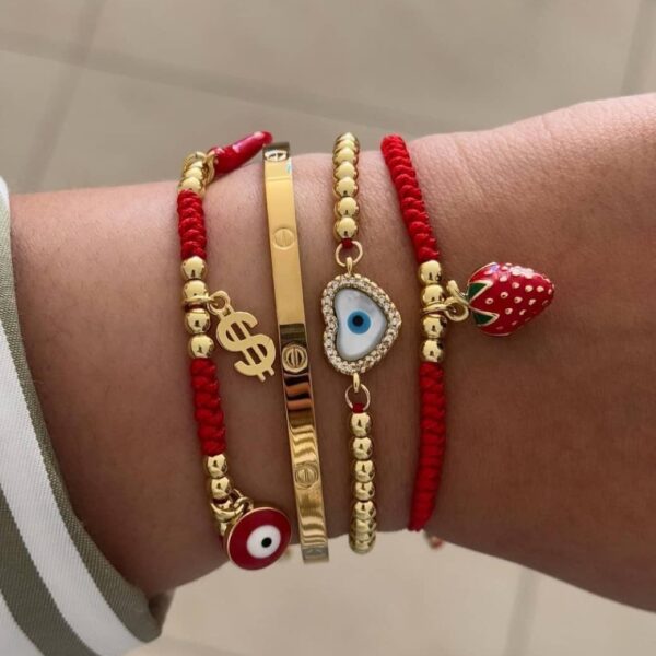 Pulsera Cartier de gorfil, pulseras de tejidos con hilo chino rojo, dijes varios, pulsera de balines con ojo turco